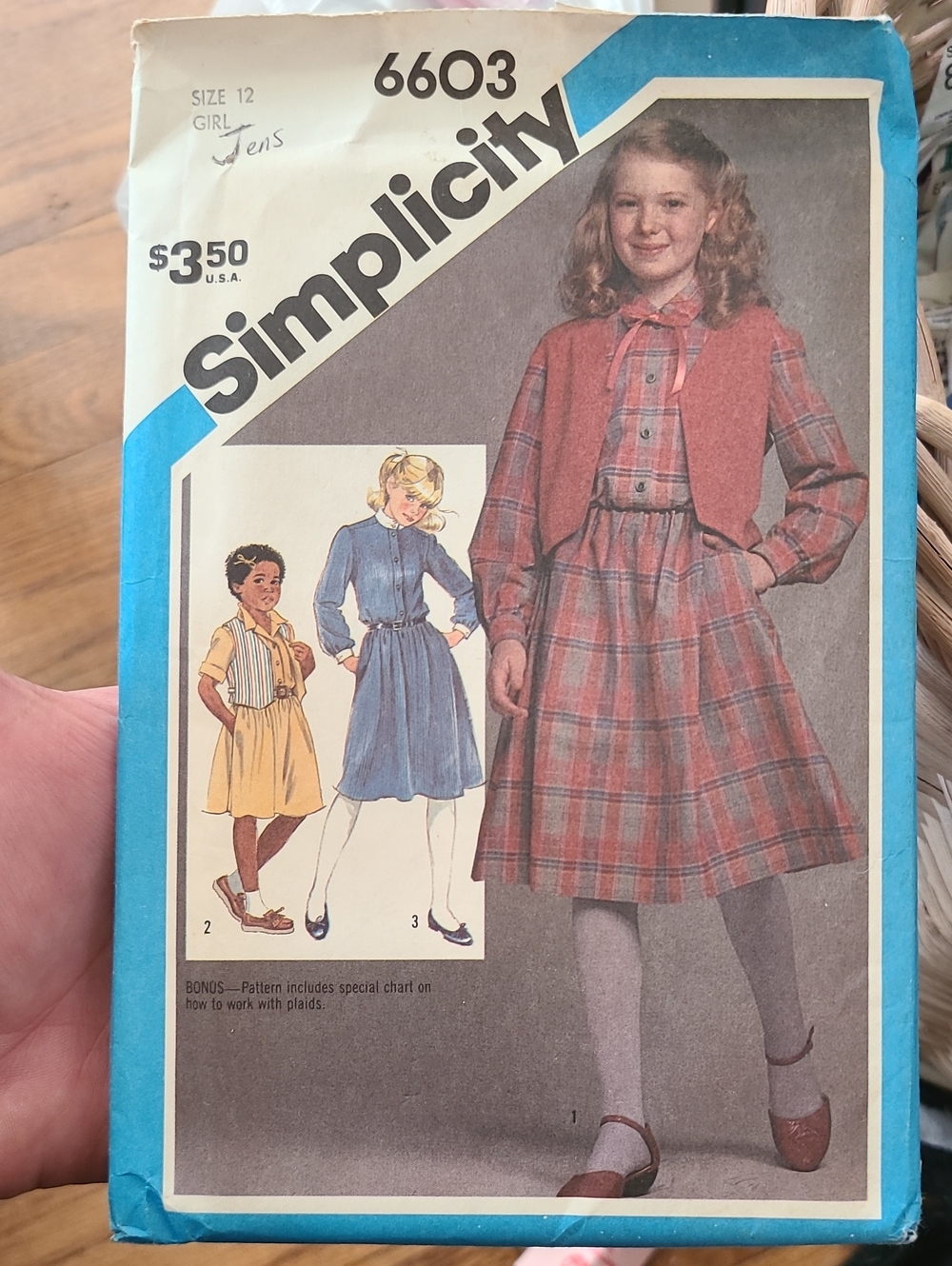 vintage Simplicity 6603 sewing pattern for a girls' shirtwaist dress and vest
